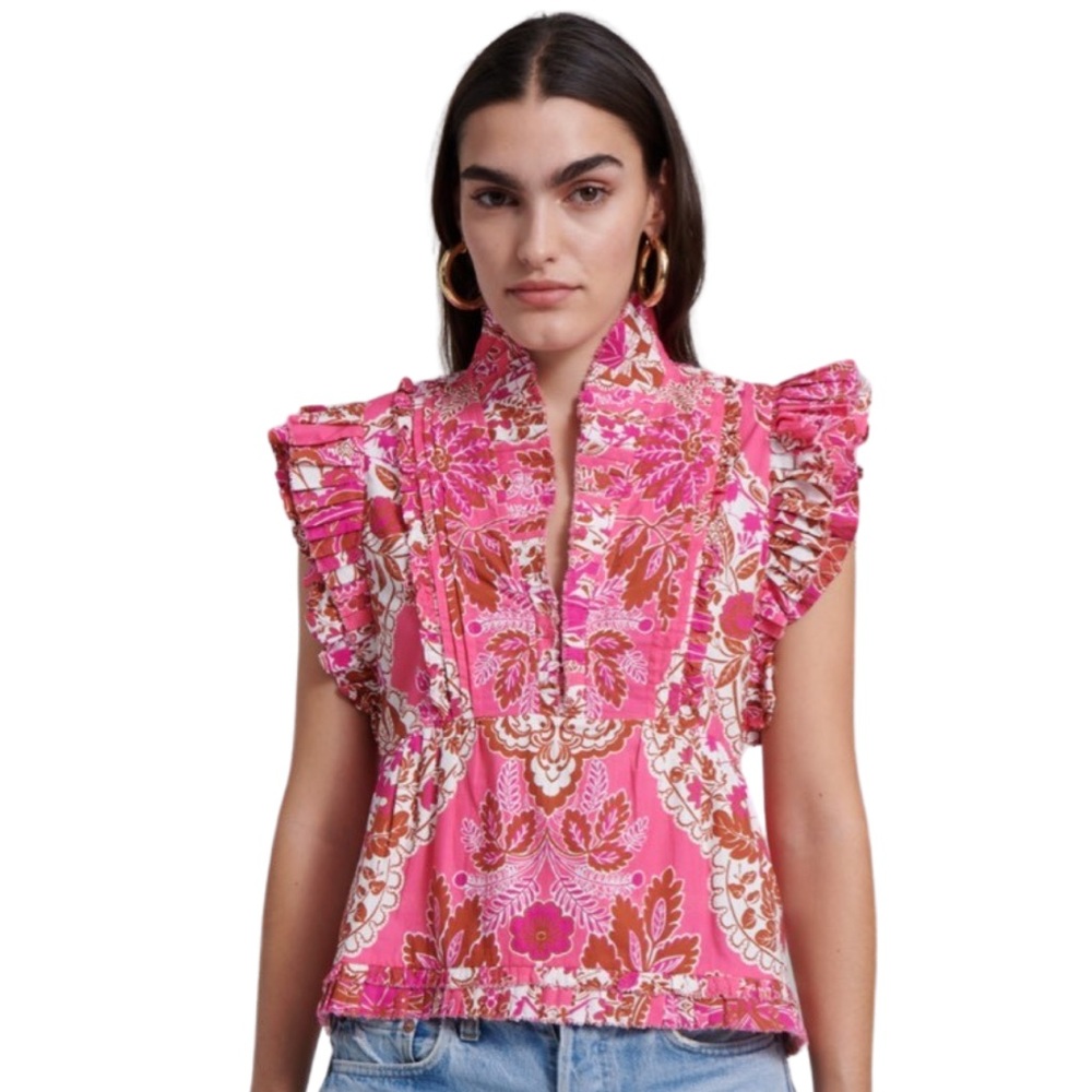 Anthropologie Love The Label Berna Floral Ruffled Top in Clementine Pink Print - Picture 5 of 8